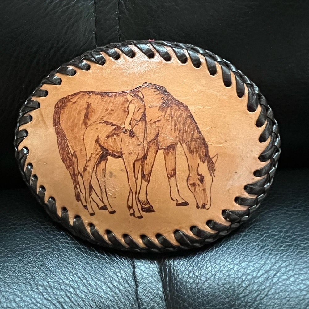 Vintage Hand Tooled Leather Horse Belt Buckle Western Oval Cowboy Foal Mare
